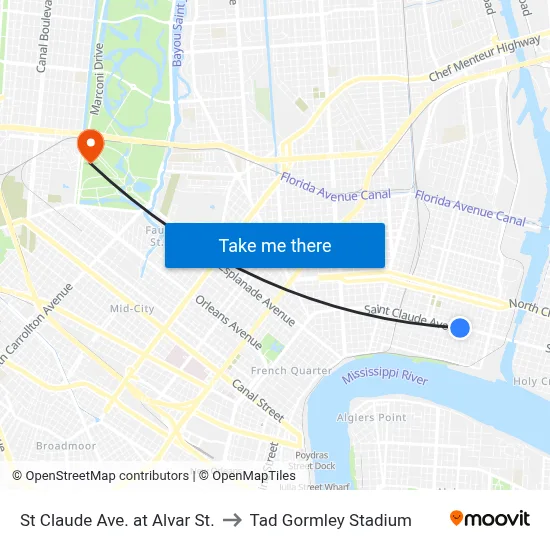 St Claude Ave. at Alvar St. to Tad Gormley Stadium map