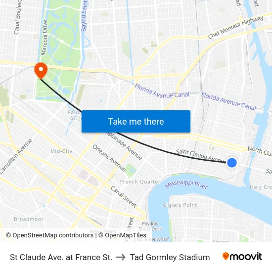 St Claude Ave. at France St. to Tad Gormley Stadium map