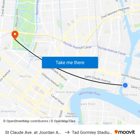 St Claude Ave. at Jourdan Ave. to Tad Gormley Stadium map