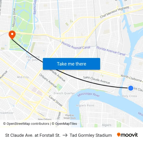 St Claude Ave. at Forstall St. to Tad Gormley Stadium map