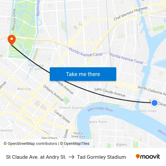 St Claude Ave. at Andry St. to Tad Gormley Stadium map