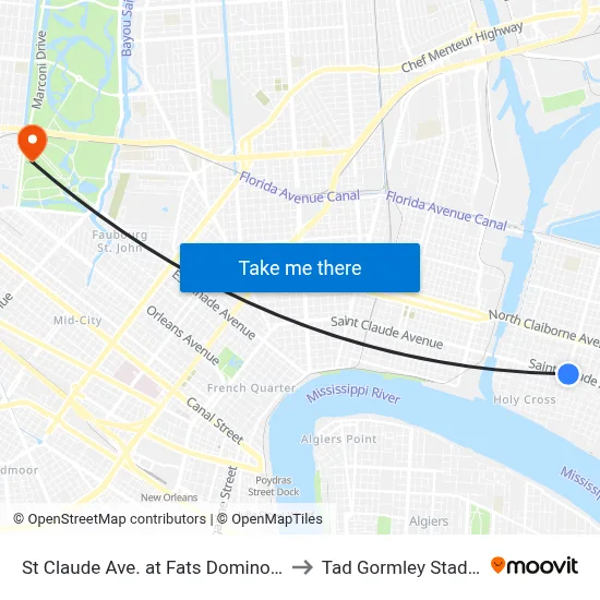 St Claude Ave. at Fats Domino Ave. to Tad Gormley Stadium map