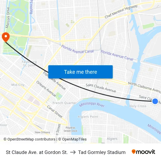 St Claude Ave. at Gordon St. to Tad Gormley Stadium map