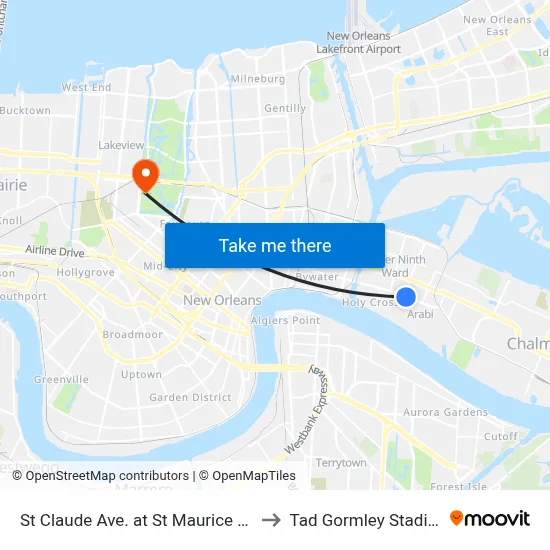 St Claude Ave. at St Maurice Ave. to Tad Gormley Stadium map