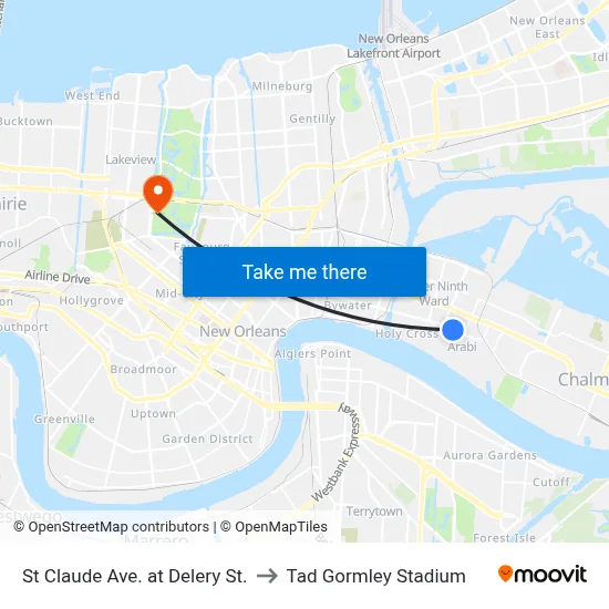 St Claude Ave. at Delery St. to Tad Gormley Stadium map