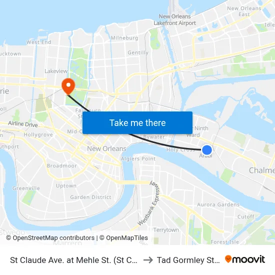 St Claude Ave. at Mehle St. (St Claude Arts) to Tad Gormley Stadium map