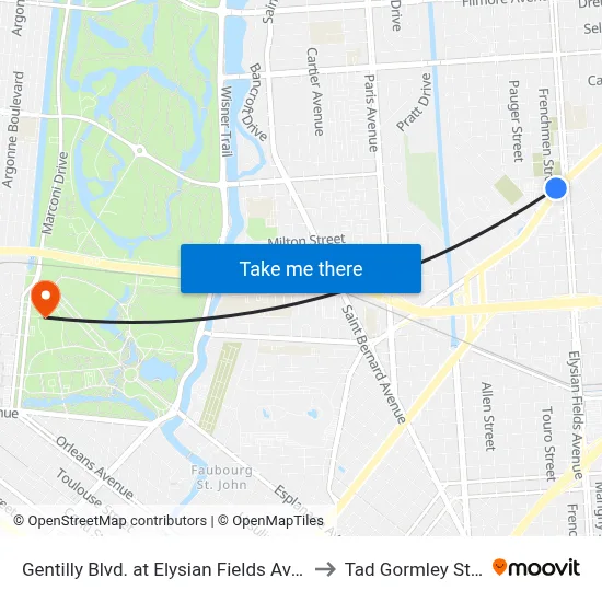 Gentilly Blvd. at Elysian Fields Ave. (Farside) to Tad Gormley Stadium map