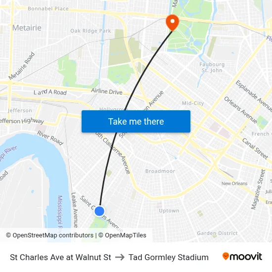 St Charles Ave at Walnut St to Tad Gormley Stadium map