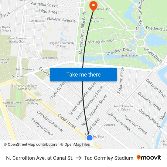 N. Carrollton Ave. at Canal St. to Tad Gormley Stadium map