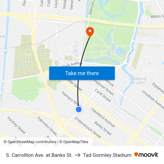 S. Carrollton Ave. at Banks St. to Tad Gormley Stadium map