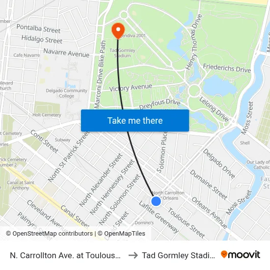 N. Carrollton Ave. at Toulouse St. to Tad Gormley Stadium map