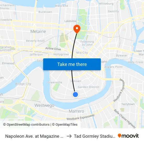 Napoleon Ave. at Magazine St. to Tad Gormley Stadium map