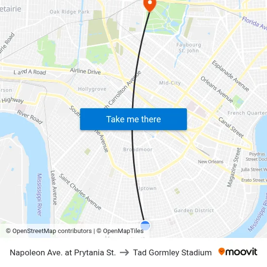 Napoleon Ave. at Prytania St. to Tad Gormley Stadium map