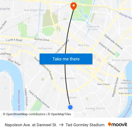 Napoleon Ave. at Danneel St. to Tad Gormley Stadium map