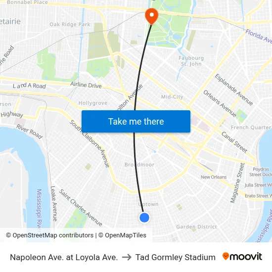 Napoleon Ave. at Loyola Ave. to Tad Gormley Stadium map