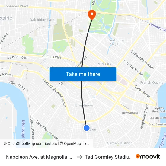 Napoleon Ave. at Magnolia St. to Tad Gormley Stadium map