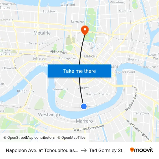 Napoleon Ave. at Tchoupitoulas St. (Out) to Tad Gormley Stadium map