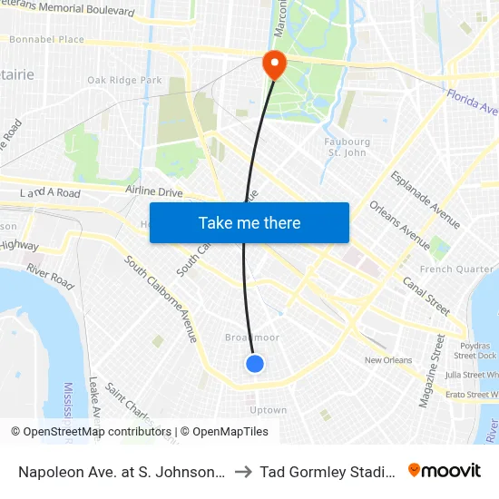 Napoleon Ave. at S. Johnson St. to Tad Gormley Stadium map