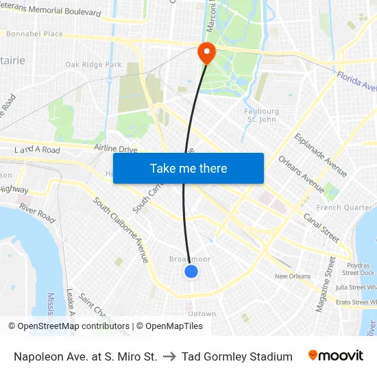 Napoleon Ave. at S. Miro St. to Tad Gormley Stadium map