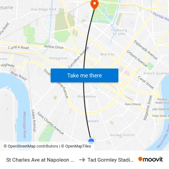 St Charles Ave at Napoleon Ave to Tad Gormley Stadium map