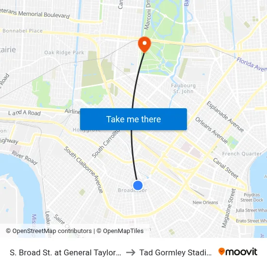S. Broad St. at General Taylor St. to Tad Gormley Stadium map