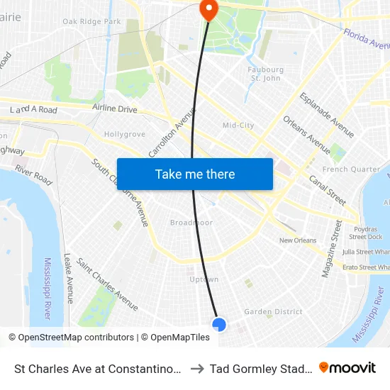 St Charles Ave at Constantinople St to Tad Gormley Stadium map