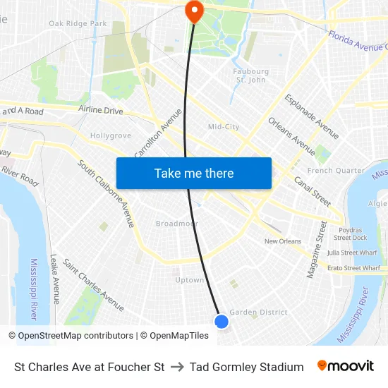 St Charles Ave at Foucher St to Tad Gormley Stadium map