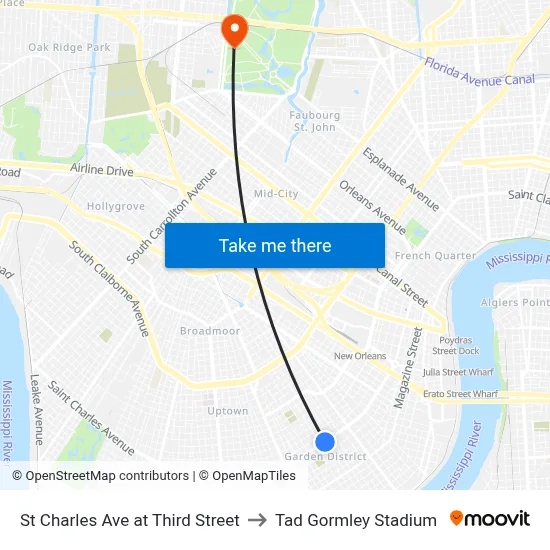 St Charles Ave at Third Street to Tad Gormley Stadium map