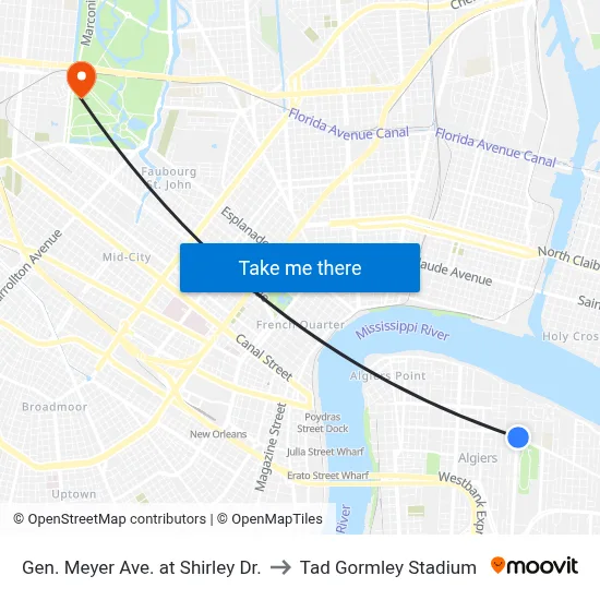 Gen. Meyer Ave. at Shirley Dr. to Tad Gormley Stadium map