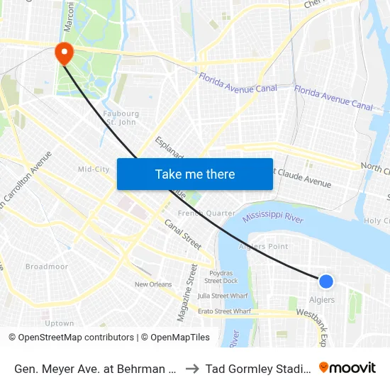 Gen. Meyer Ave. at Behrman Ave. to Tad Gormley Stadium map