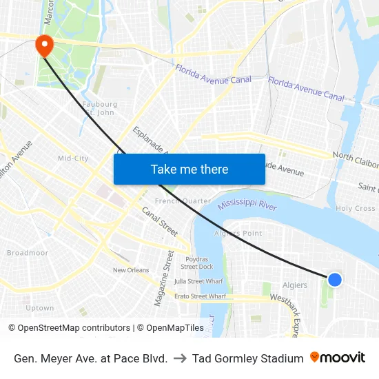 Gen. Meyer Ave. at Pace Blvd. to Tad Gormley Stadium map