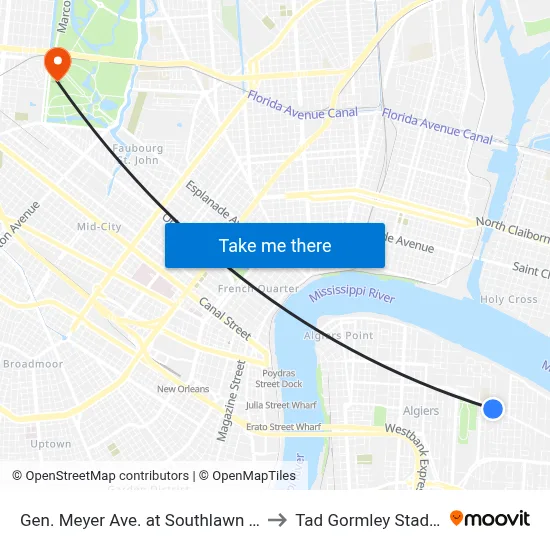 Gen. Meyer Ave. at Southlawn Blvd. to Tad Gormley Stadium map
