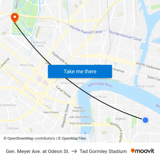 Gen. Meyer Ave. at Odeon St. to Tad Gormley Stadium map