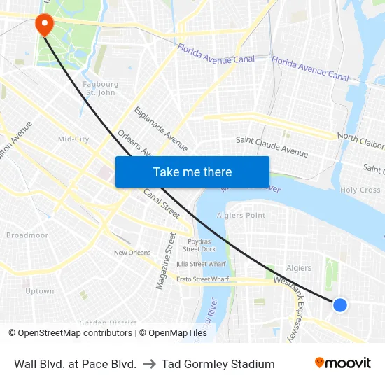 Wall Blvd. at Pace Blvd. to Tad Gormley Stadium map