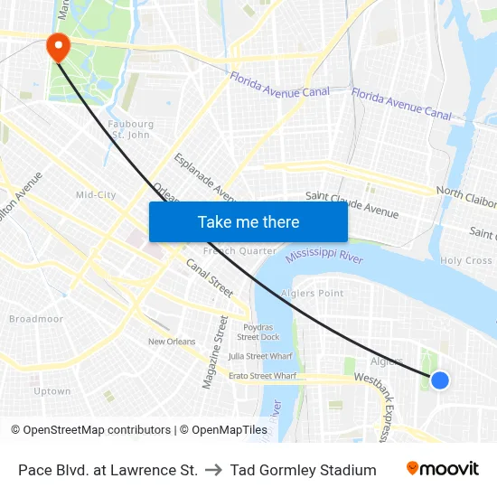 Pace Blvd. at Lawrence St. to Tad Gormley Stadium map