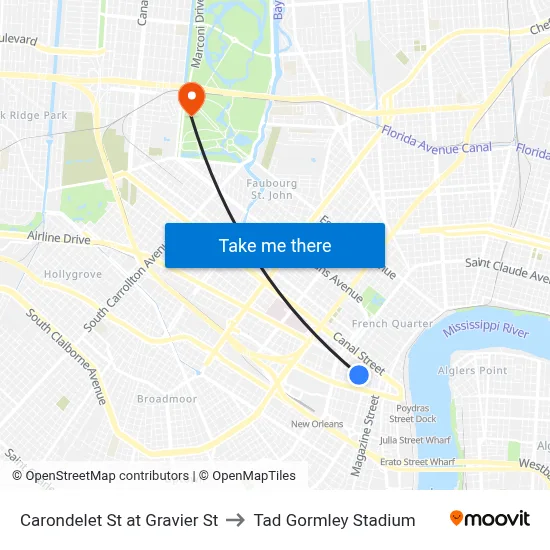 Carondelet St at Gravier St to Tad Gormley Stadium map