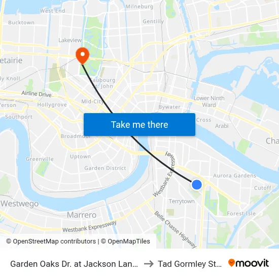 Garden Oaks Dr. at Jackson Landing Apts. to Tad Gormley Stadium map