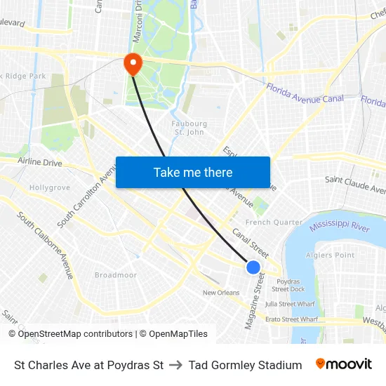 St Charles Ave at Poydras St to Tad Gormley Stadium map