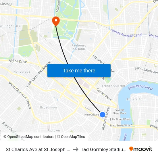 St Charles Ave at St Joseph St to Tad Gormley Stadium map