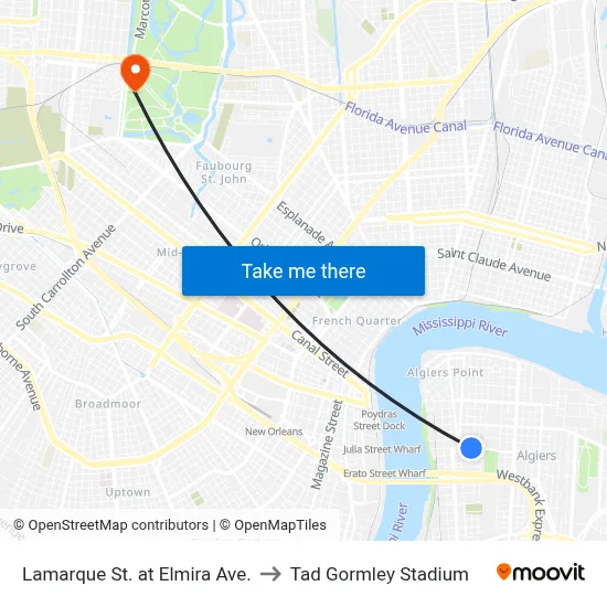 Lamarque St. at Elmira Ave. to Tad Gormley Stadium map
