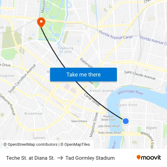 Teche St. at Diana St. to Tad Gormley Stadium map