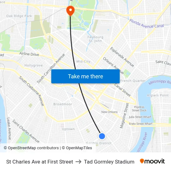 St Charles Ave at First Street to Tad Gormley Stadium map