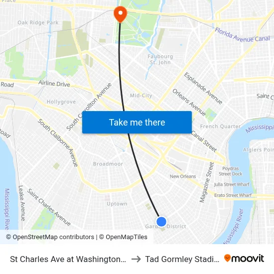 St Charles Ave at Washington Ave to Tad Gormley Stadium map