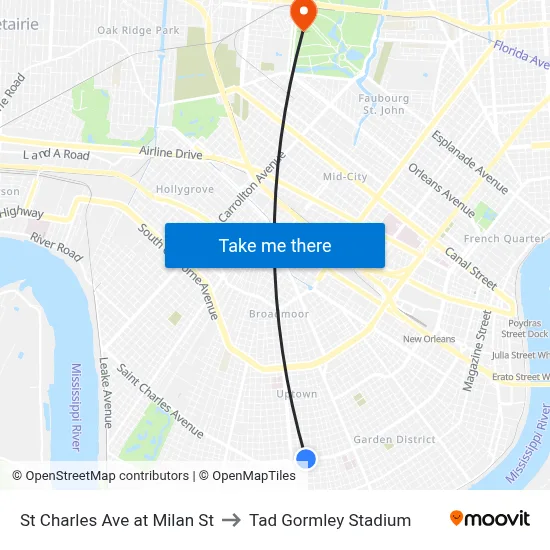 St Charles Ave at Milan St to Tad Gormley Stadium map