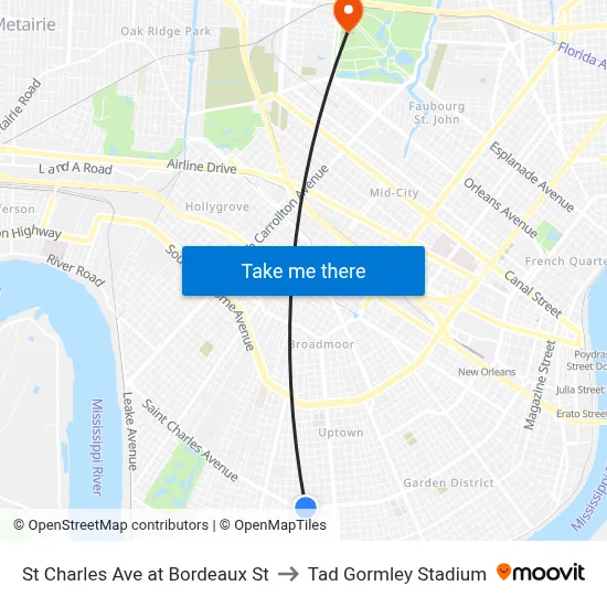 St Charles Ave at Bordeaux St to Tad Gormley Stadium map