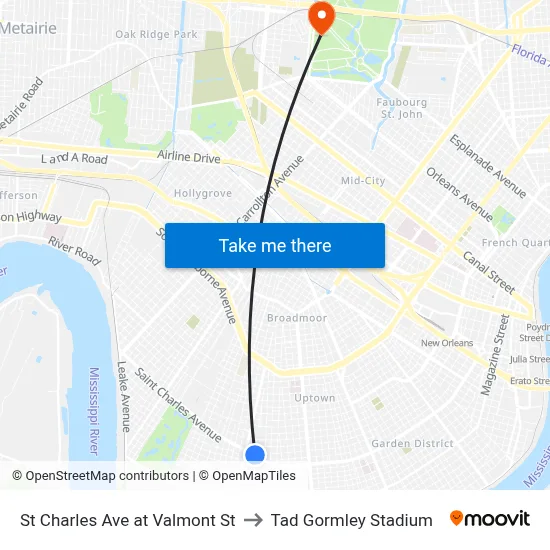 St Charles Ave at Valmont St to Tad Gormley Stadium map