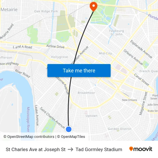 St Charles Ave at Joseph St to Tad Gormley Stadium map