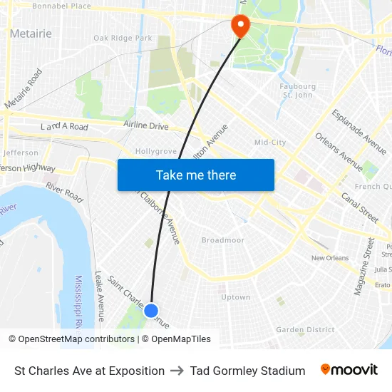 St Charles Ave at Exposition to Tad Gormley Stadium map