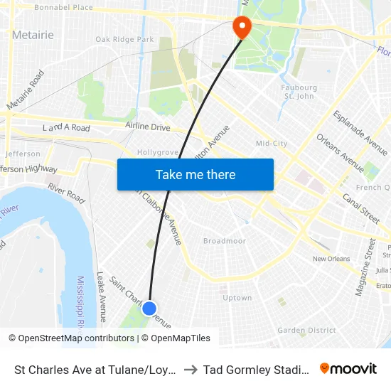 St Charles Ave at Tulane/Loyola to Tad Gormley Stadium map