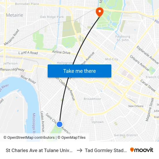 St Charles Ave at Tulane University to Tad Gormley Stadium map